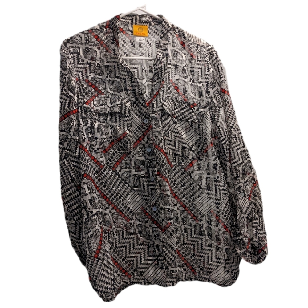 💥 Ruby Rd. Sheer Geometric Patterned Button Down Blouse 14